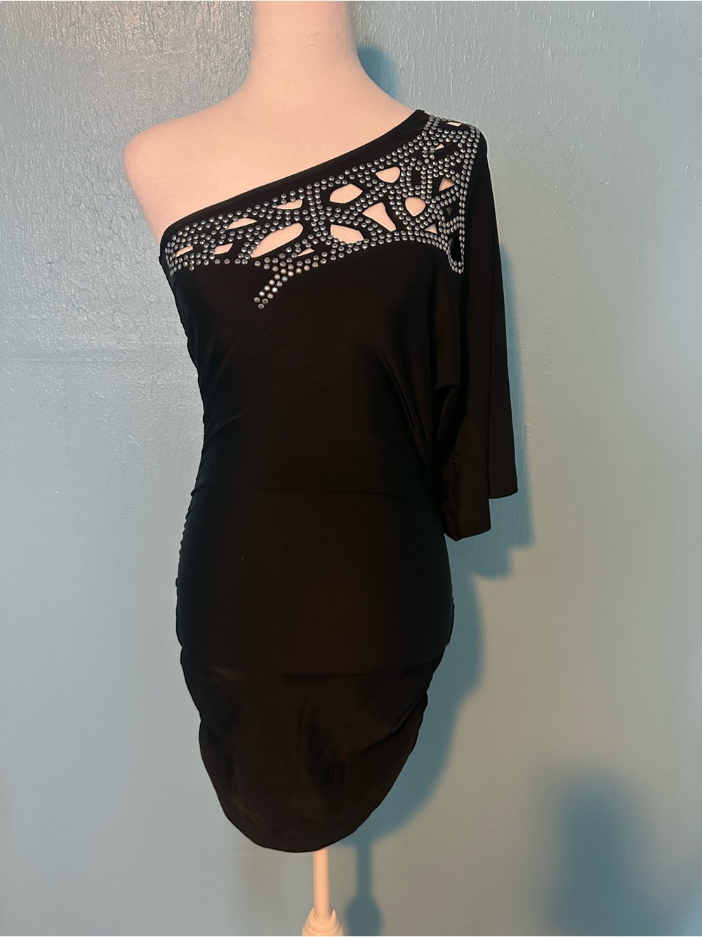 Love Culture Black One-Shoulder Rhinestone Cutout Dress